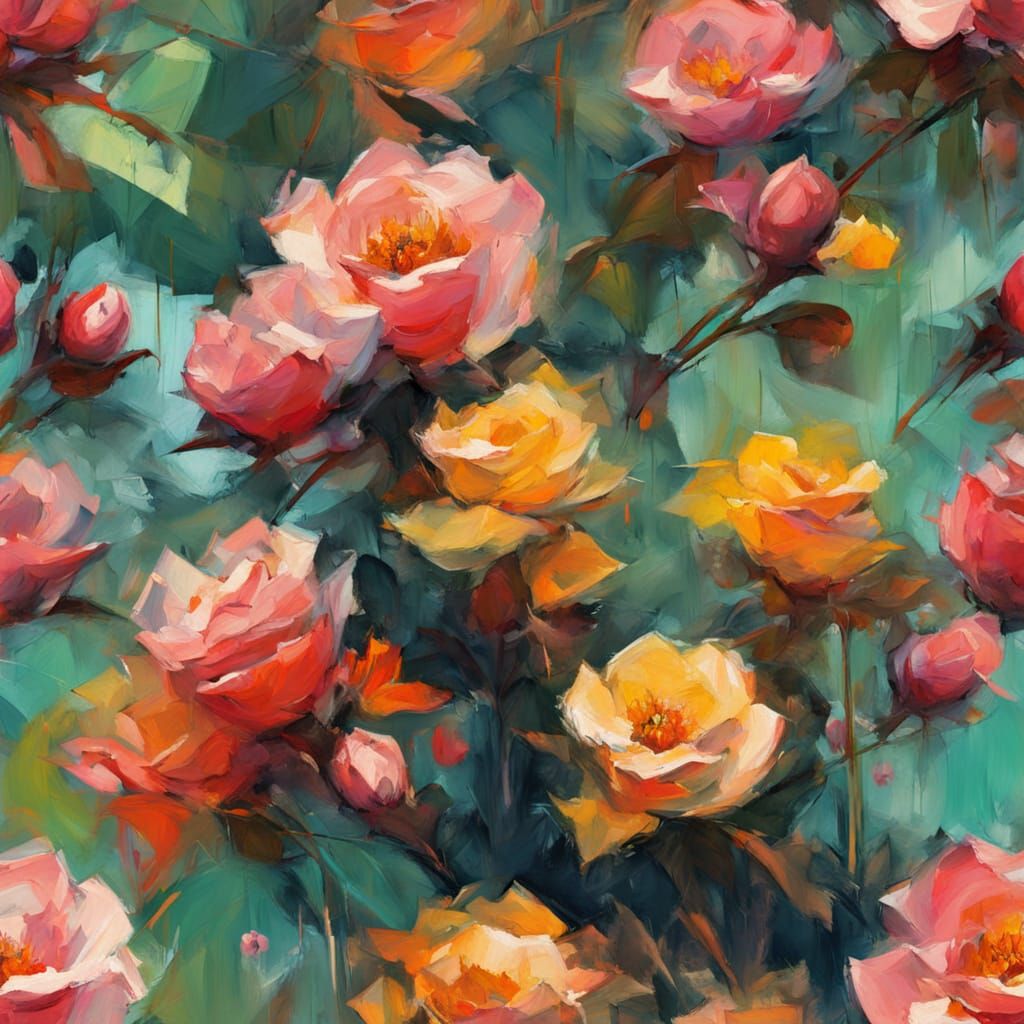 Abstract Cubism Wild Roses on Rolling Hills