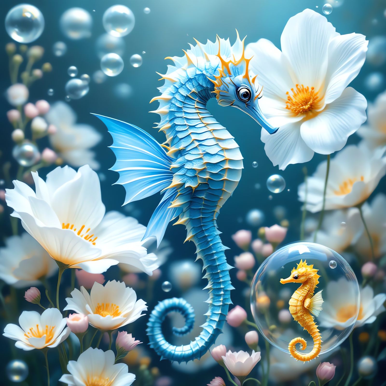 Fantastical Underwater Scene with Seahorses and Flowers