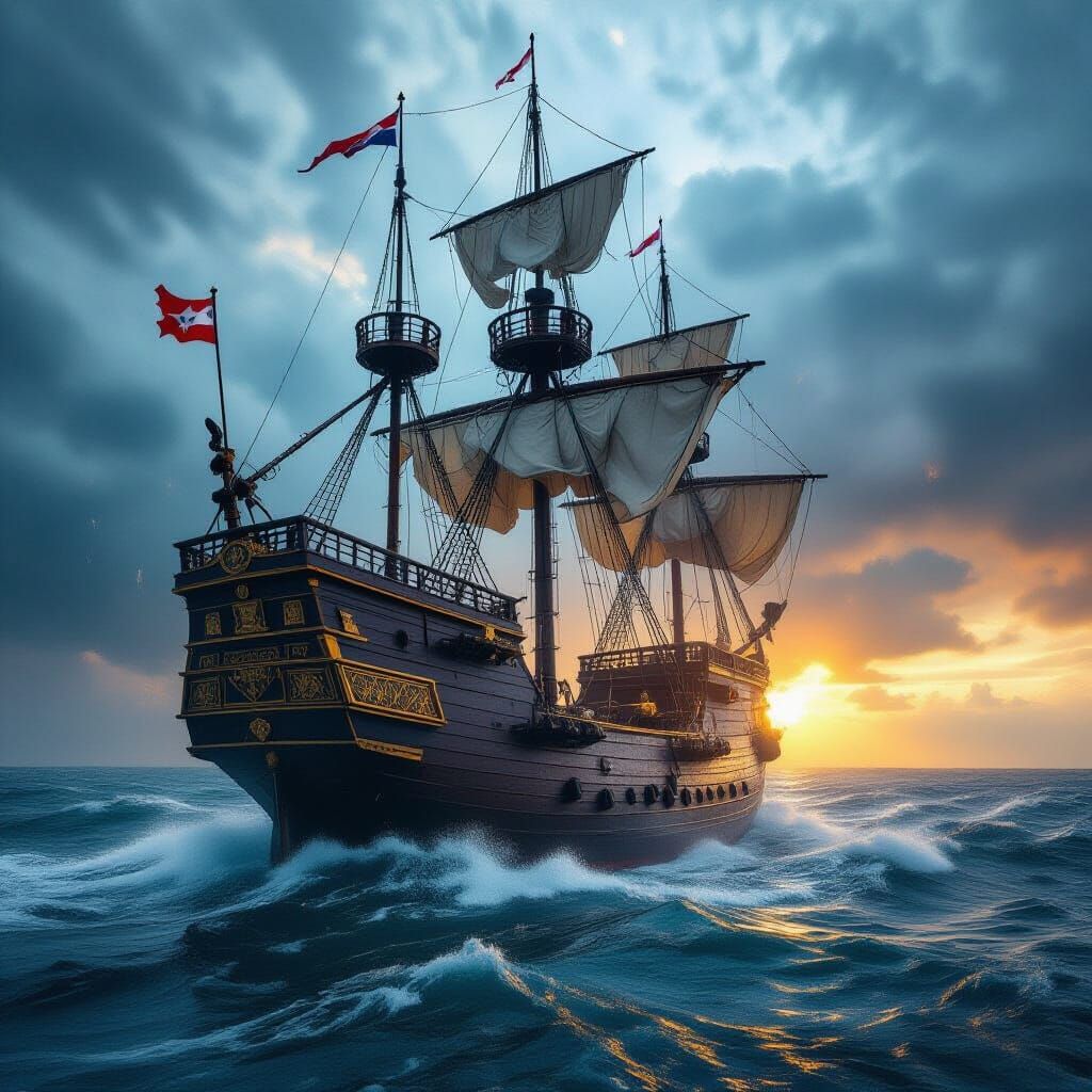 Galleon Ship Amidst Storm with Cinematic Look
