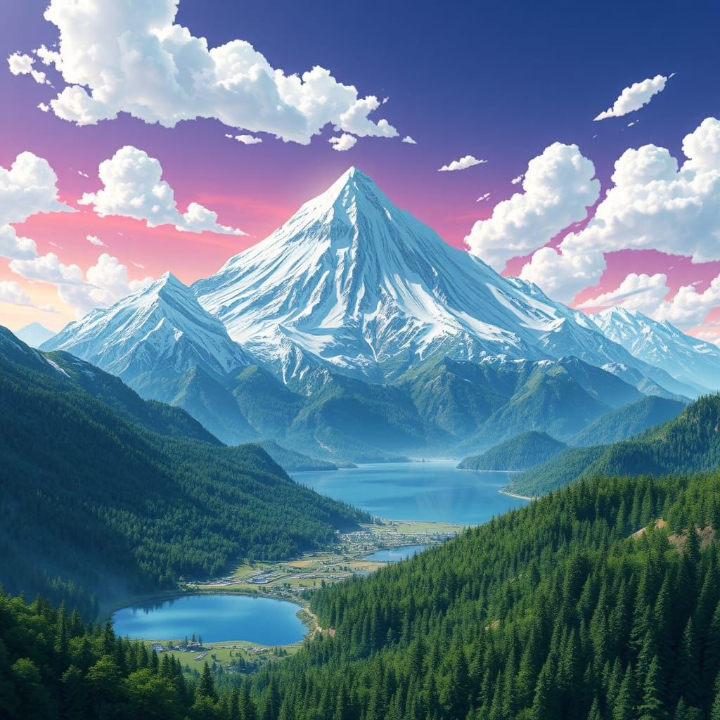 Majestic Snow-Capped Mountains in 3D Anime Style