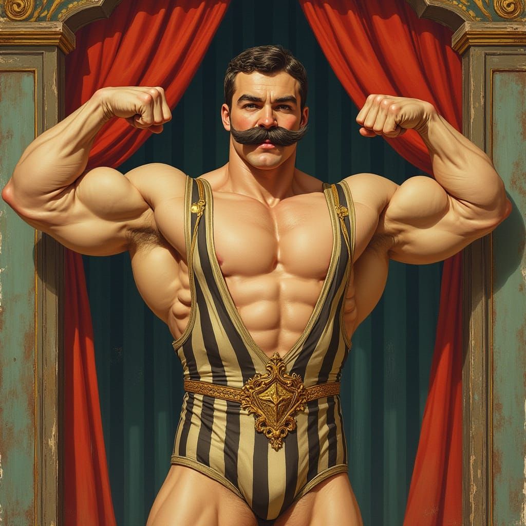 Victorian Strongman Flexing in Grand Circus Style