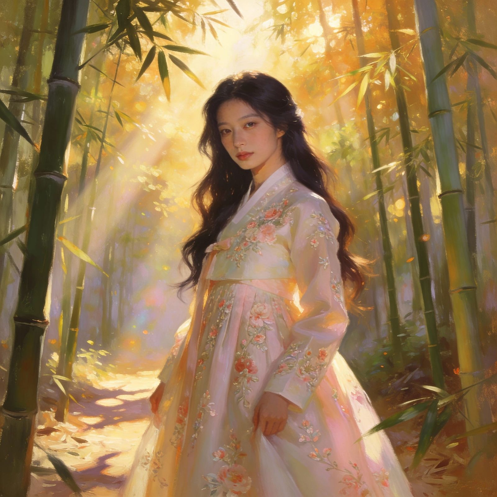 Gorgeous Korean Woman in Hanbok in Bamboo Forest
