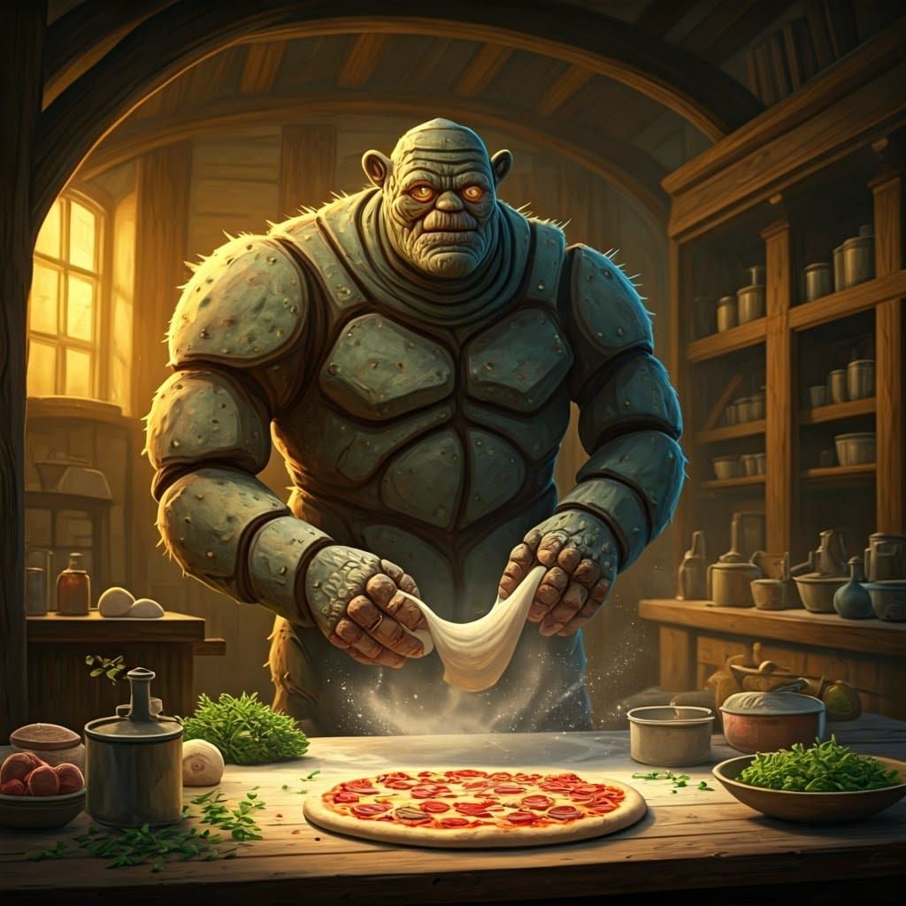 Golem Baking Pizza in Medieval Kitchen, Dreamlike Art