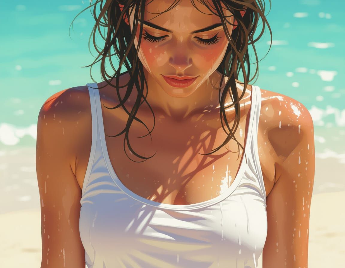 Woman Bathing at Beach with Atmospheric Lighting