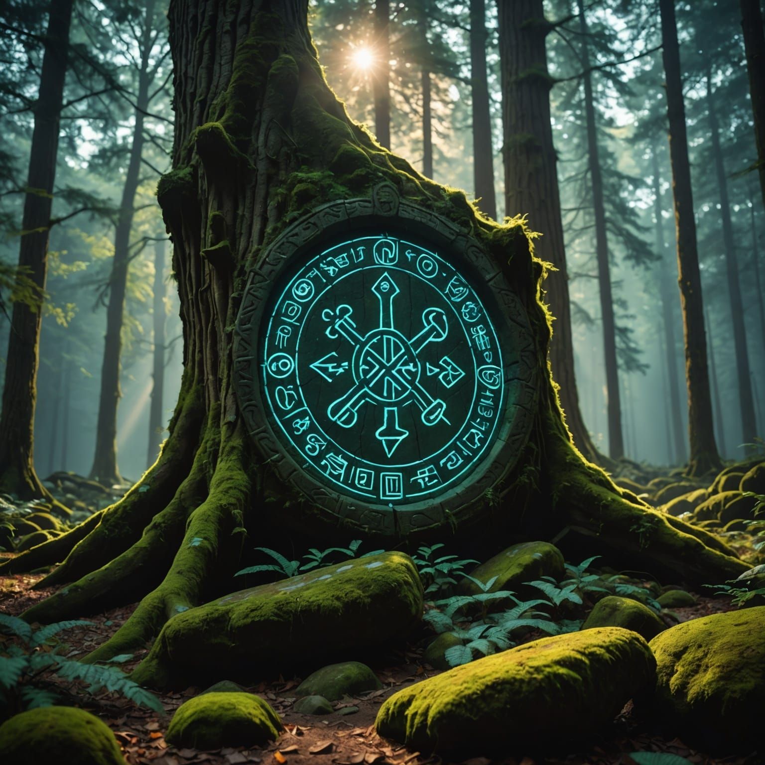 Mystical Forest with Glowing Runes in Cinematic Light