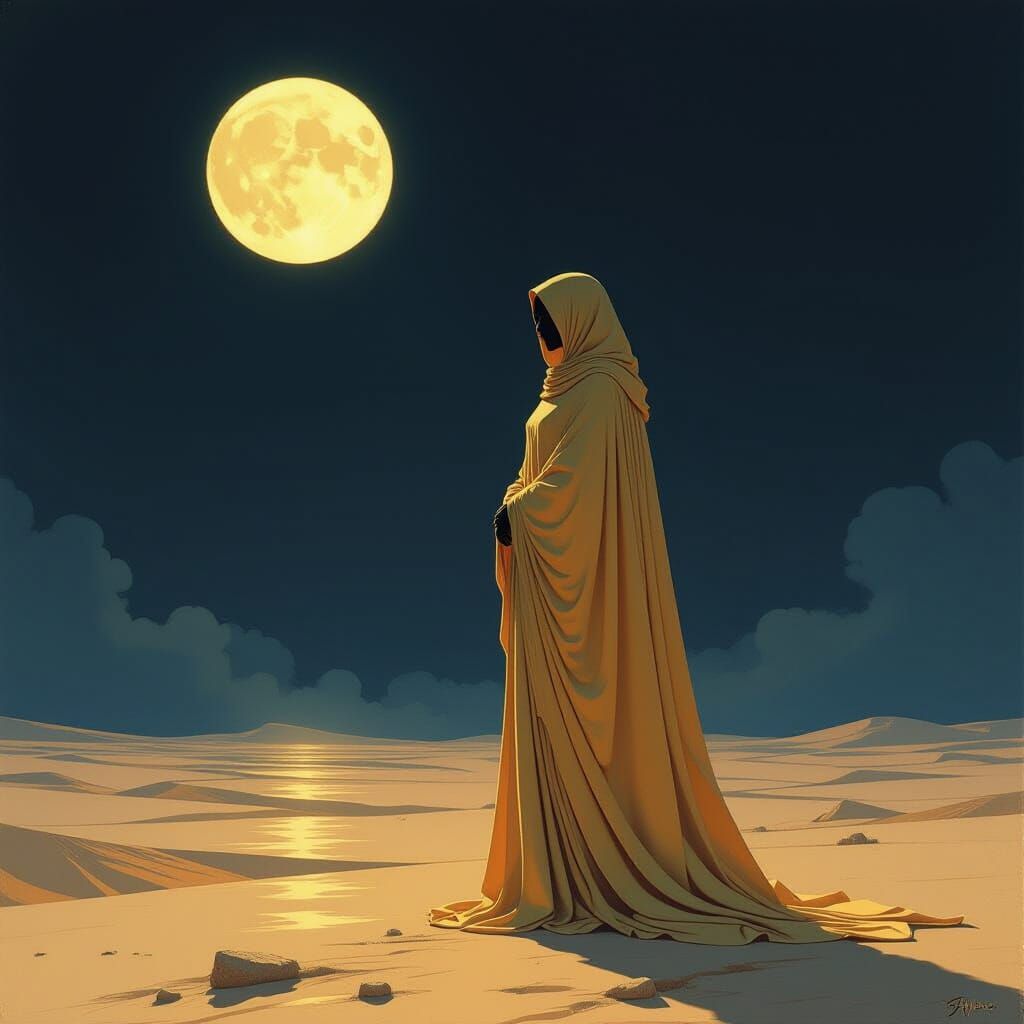 Golden Figure in Desolate Landscape, Mystical Art