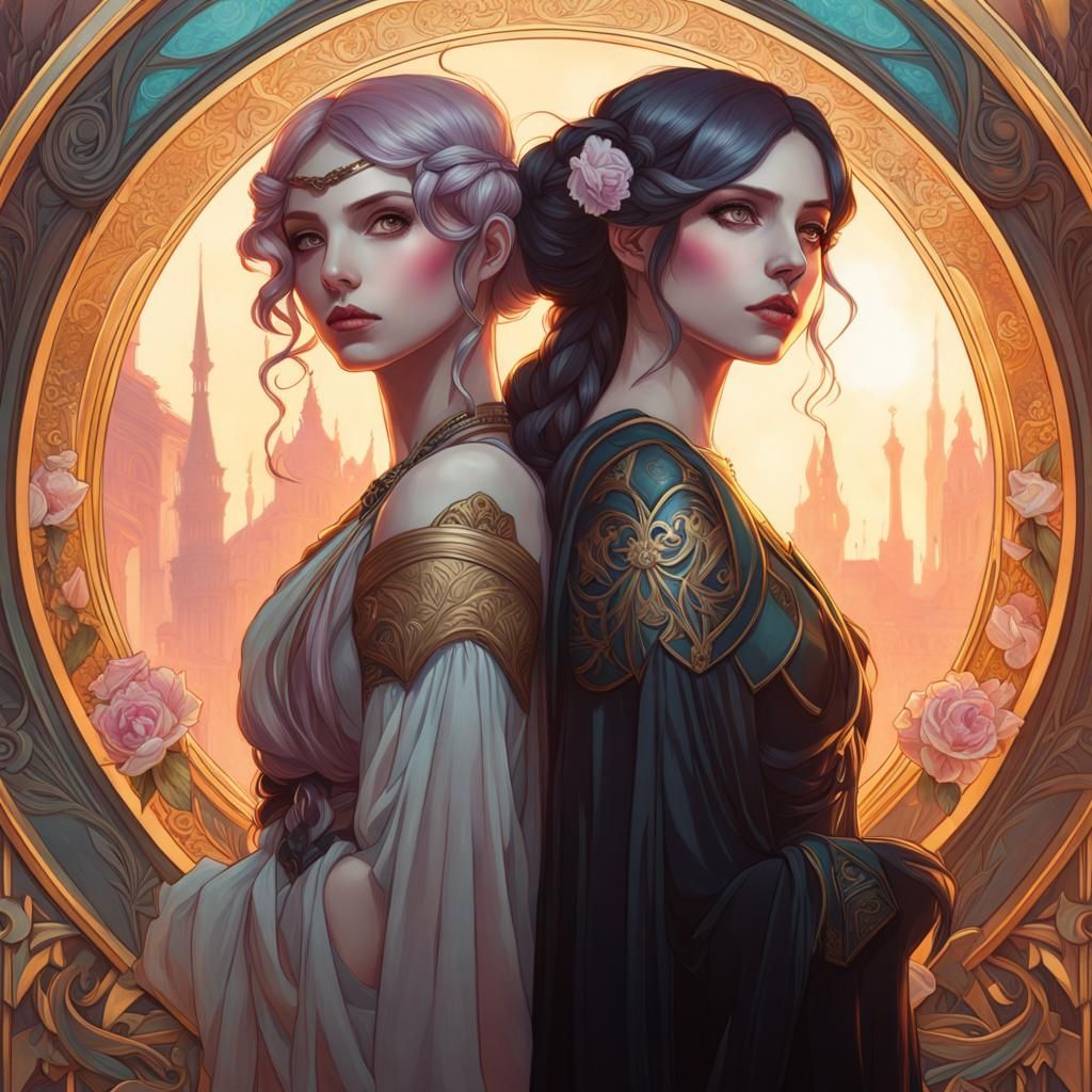 Pastel Goth Sisters in Art Nouveau Style