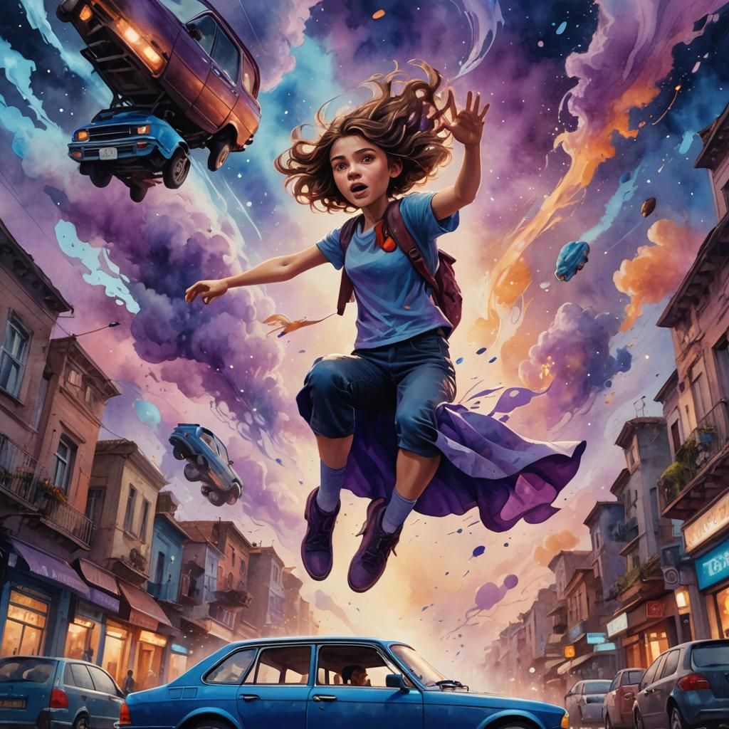 Girl Lifts Car with Mind: Watercolor Fantasy Illustration