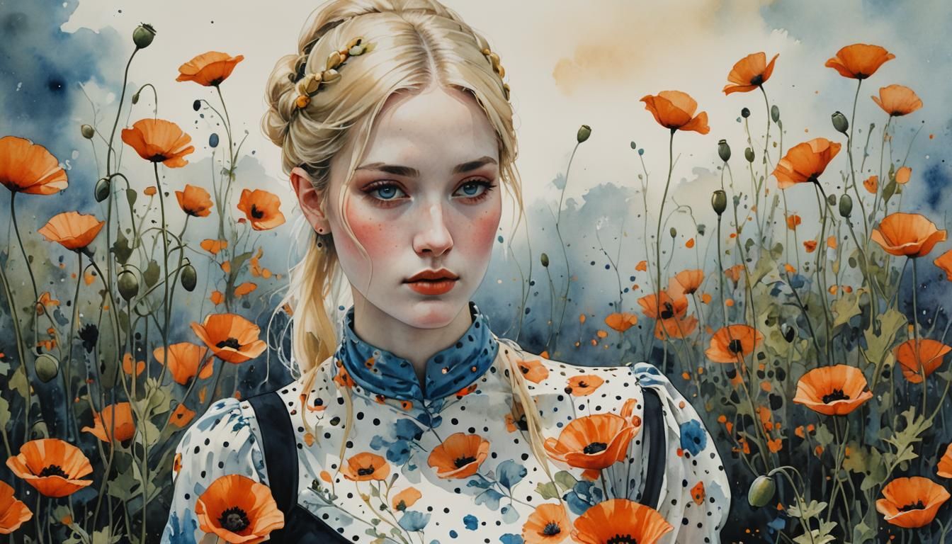 Aquarelle Portrait of Woman with Poppies