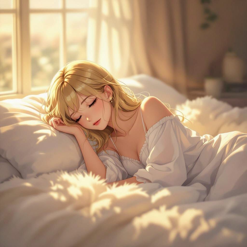 Anime Woman in Golden Hour Light on White Bed