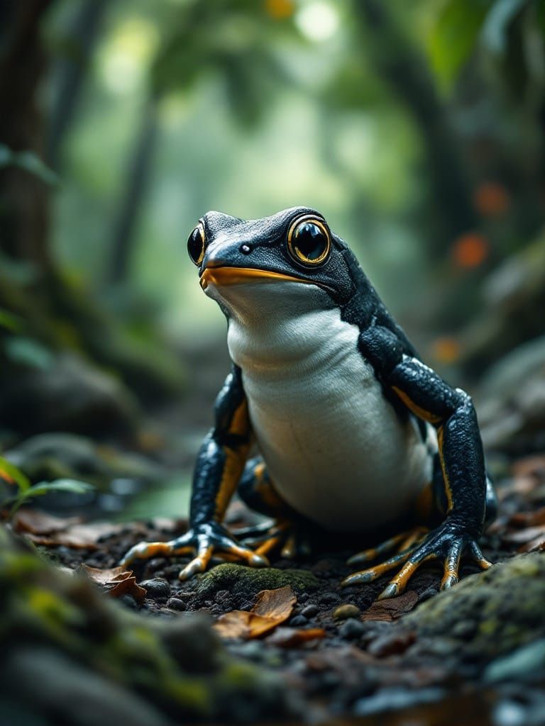 Ethereal Penguin-Frog Hybrid in Enchanted Oak Forest