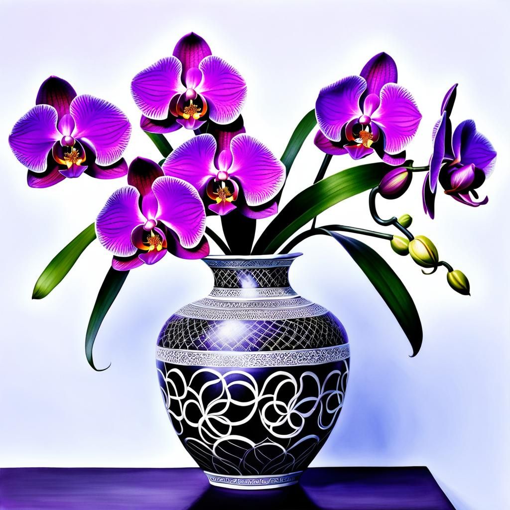 Goldenpunk Orchid Flowers in Chinese Ink Style