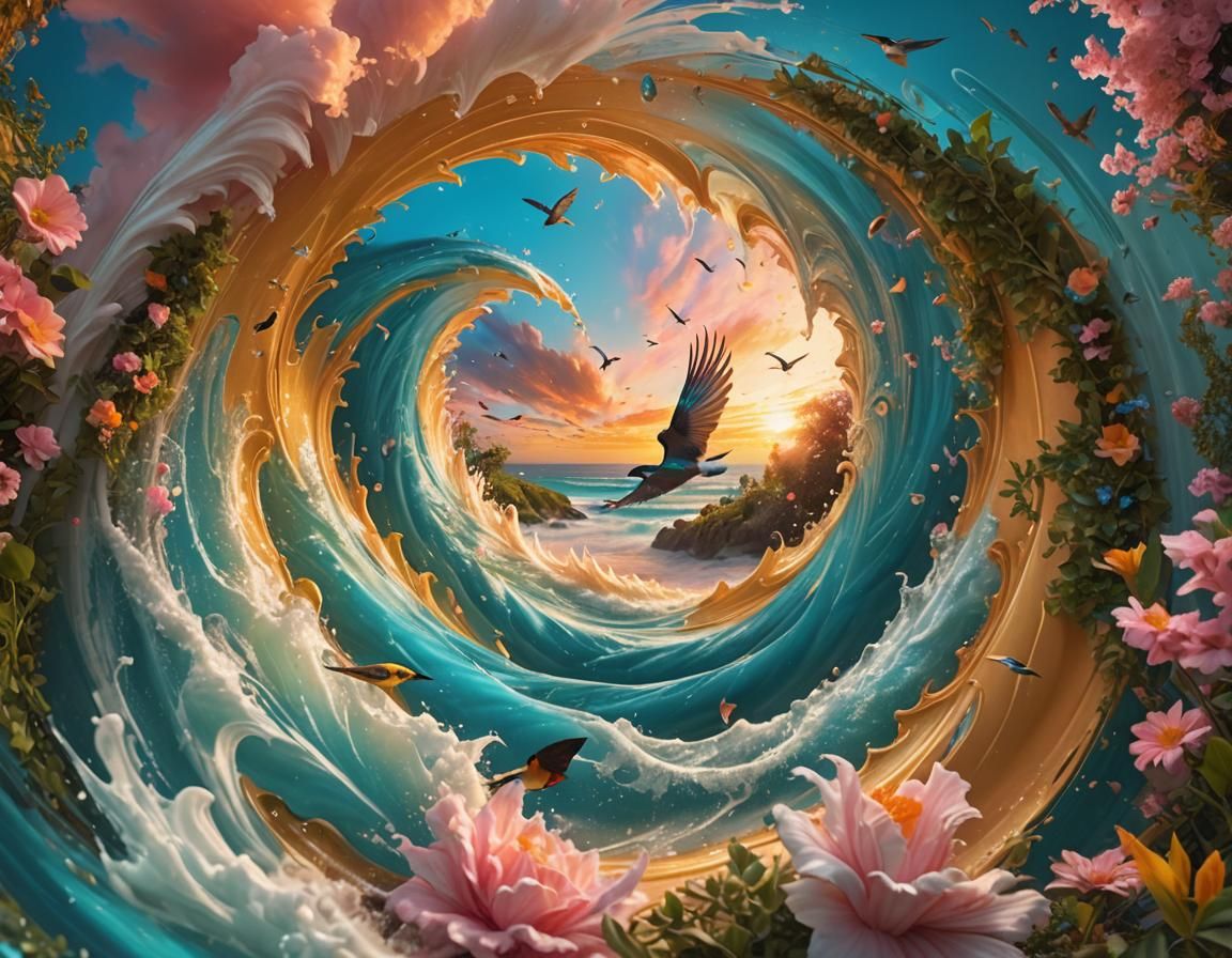 Surreal Paradise Portal with Birds, Fantasy Concept Art
