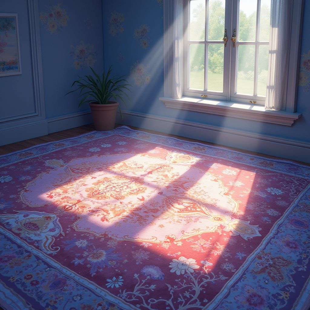 Persian Carpet Levitates in Sunlit Room with Ethereal Glow