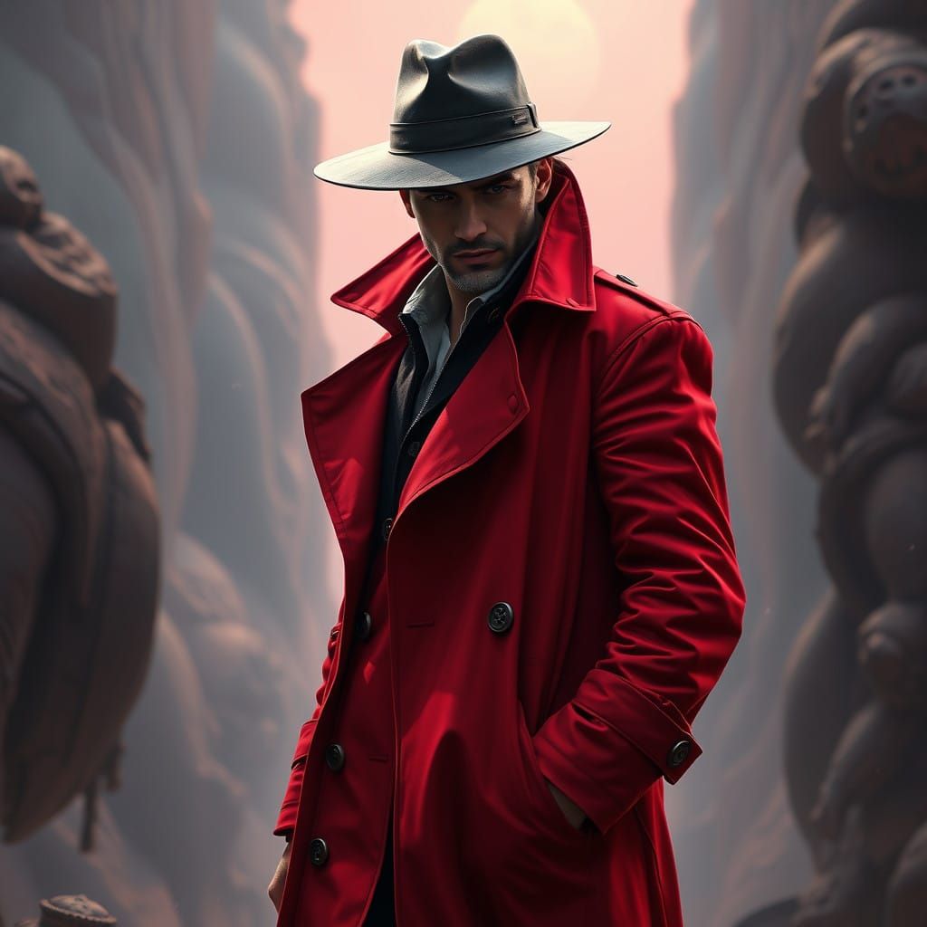 Elegant Fantasy Hero Wears Red Trench Coat and Fedora in Det...