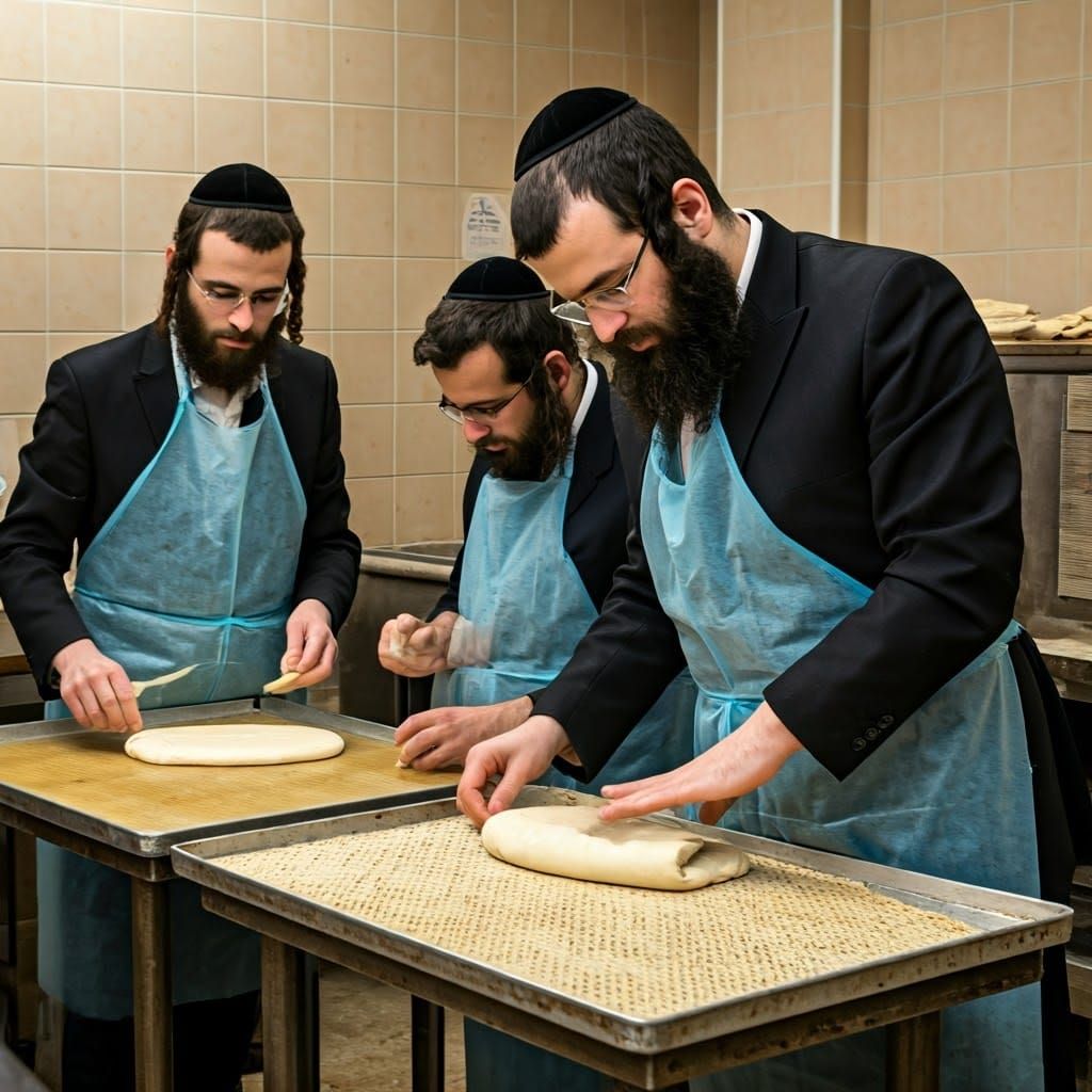 Orthodox Jewish Men Prepare Handmade Matzah in Kosher Bakery