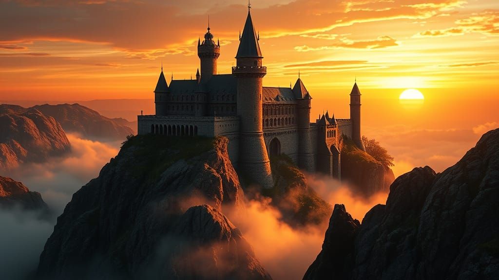 Majestic Fantasy Castle at Sunset in Digital Art
