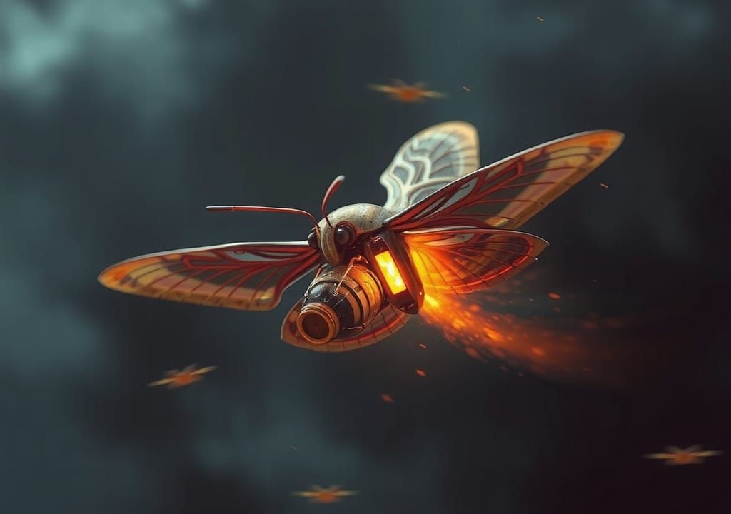 Moth in Flight with Flaming Trail, Futuristic Art