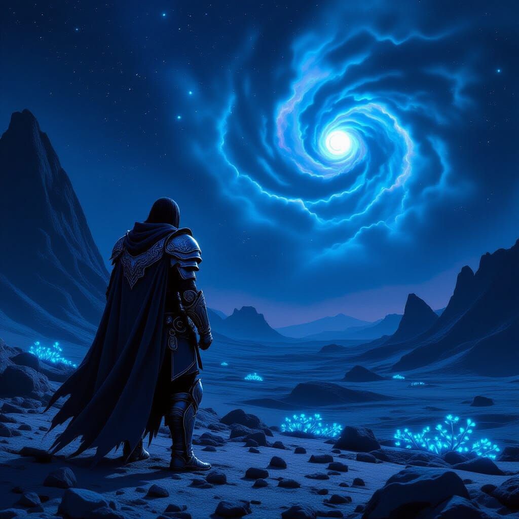 Alien Warrior Contemplates Nebula on Desolate Moon