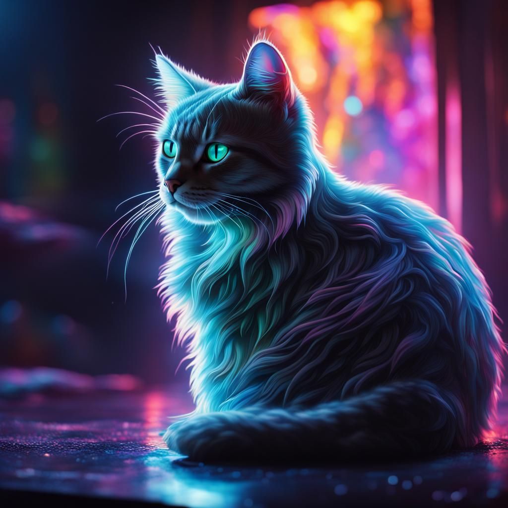 Holographic Bioluminescent Cat in Hyperrealistic Splash Art