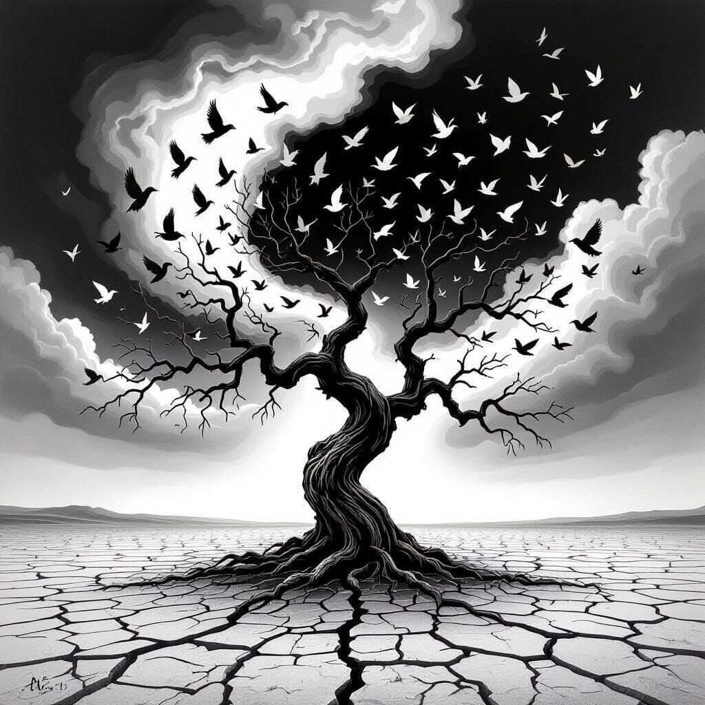 Ancient Tree with Birds in Stark Black and White Landscape