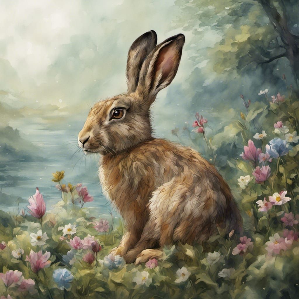 Watercolor Young Hare with Spring Flowers