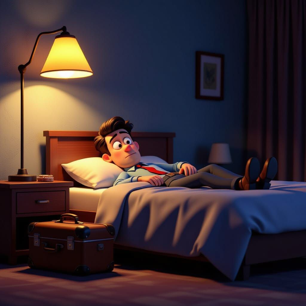 Cartoon Traveler on Sagging Motel Bed in Eerie Light