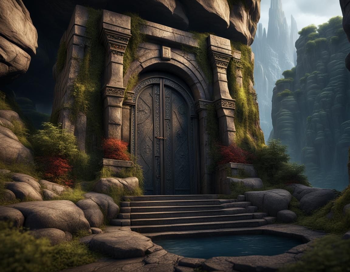 Dwarven Stone Doors in Cliffside Landscape