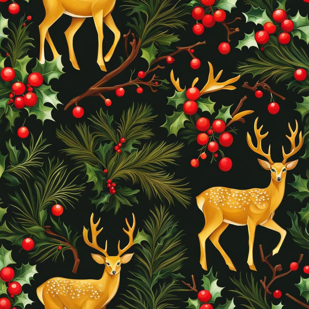 Festive Yule Log with Deer and Owl in Abstract Art