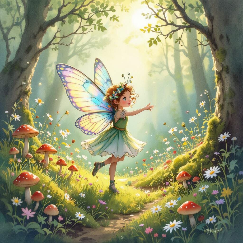 Sprite Dances in Sunlit Forest, Watercolor Art