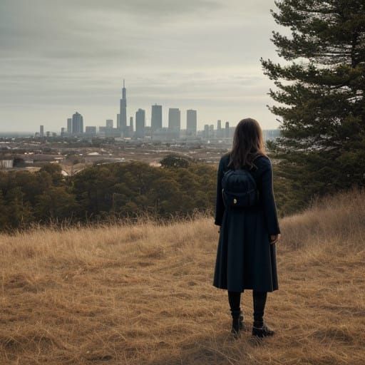 Timeless Woman on Hilltop, Cityscape in Golden Light