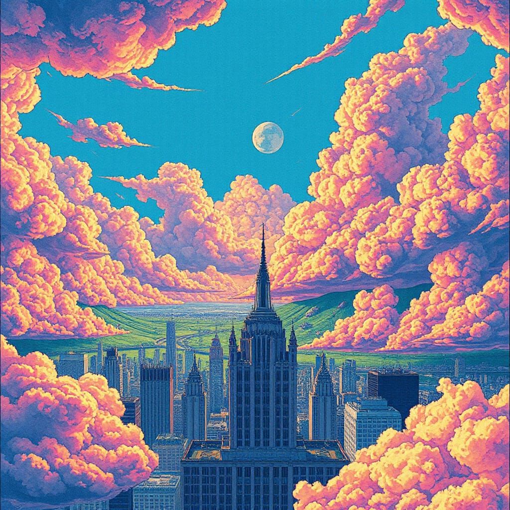 Kaleidoscopic Cloud Cityscape in Hyperreal Style