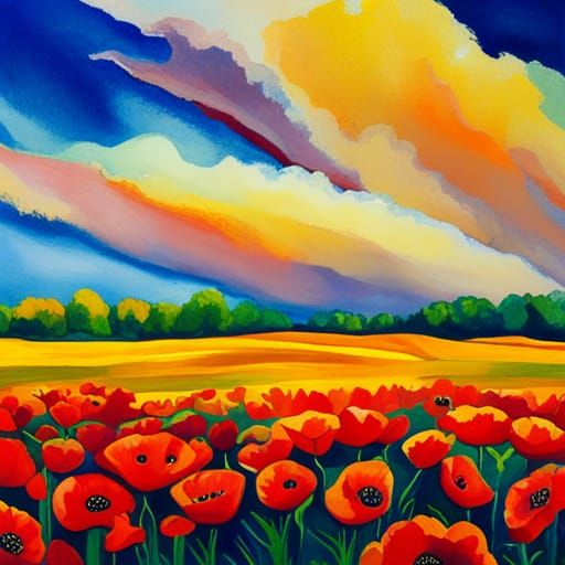 Poppy and Sunflower Field in Art Nouveau Watercolor