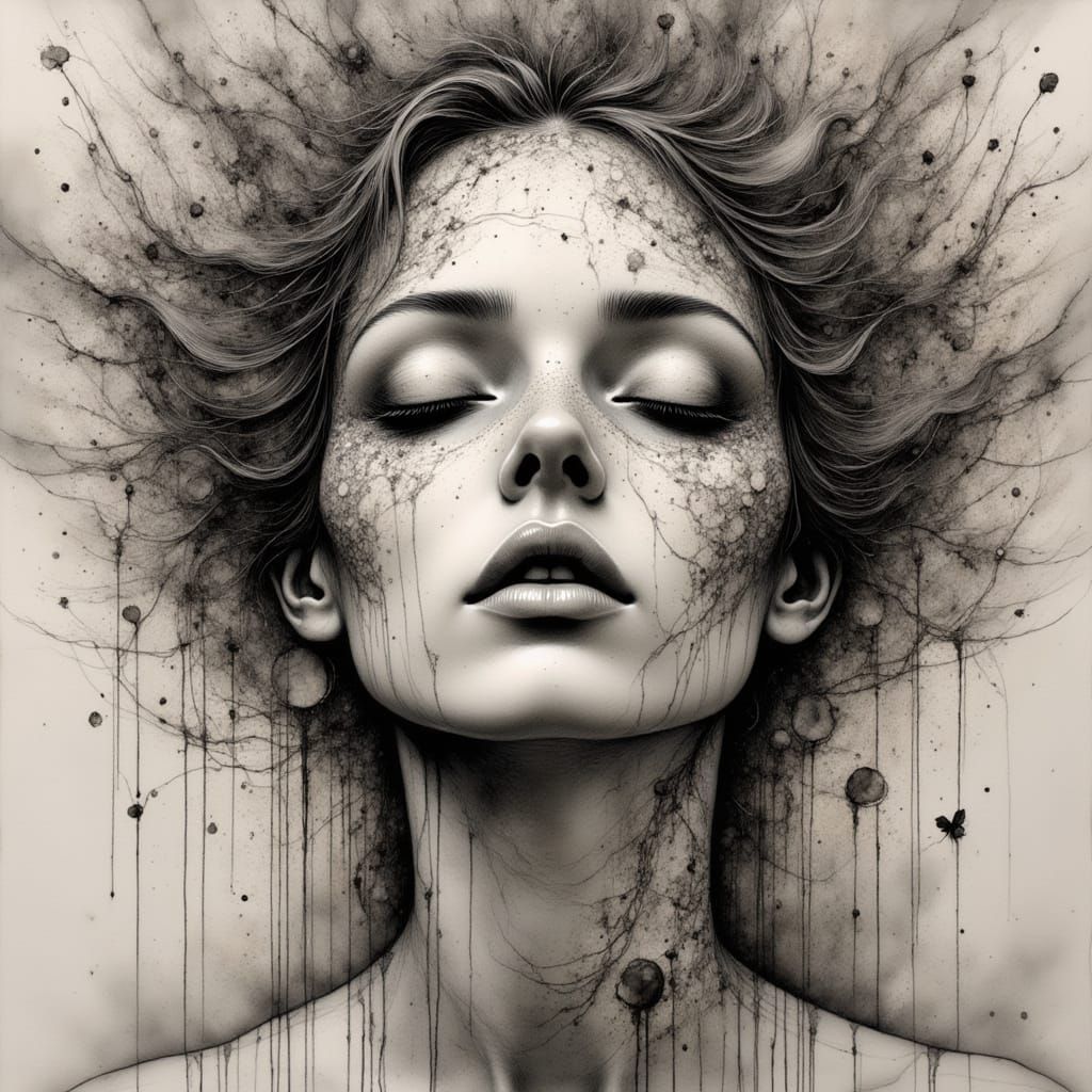 Surrealist Portrait in Muted Grays with Intricate, Swirling ...