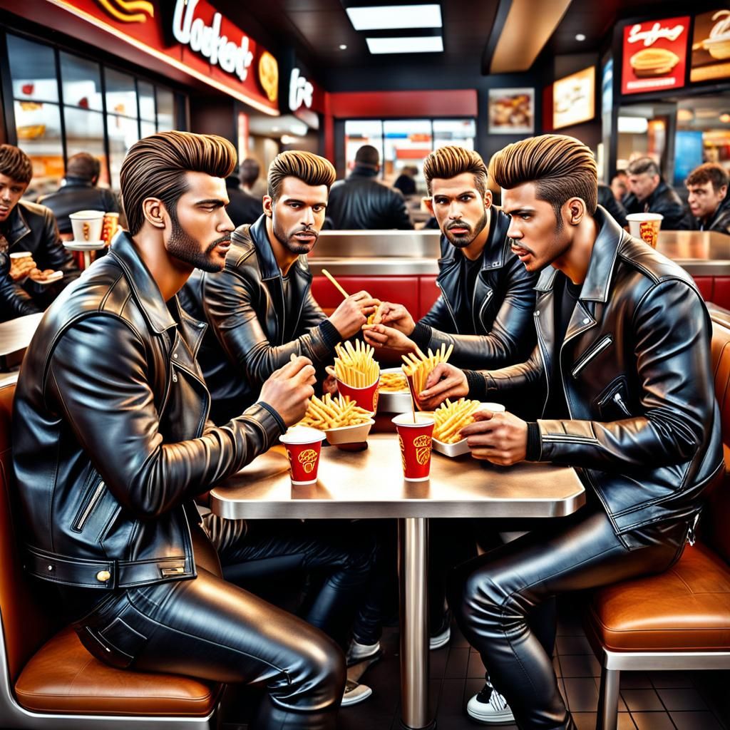 Hyperrealistic Young Men Enjoying Fast Food
