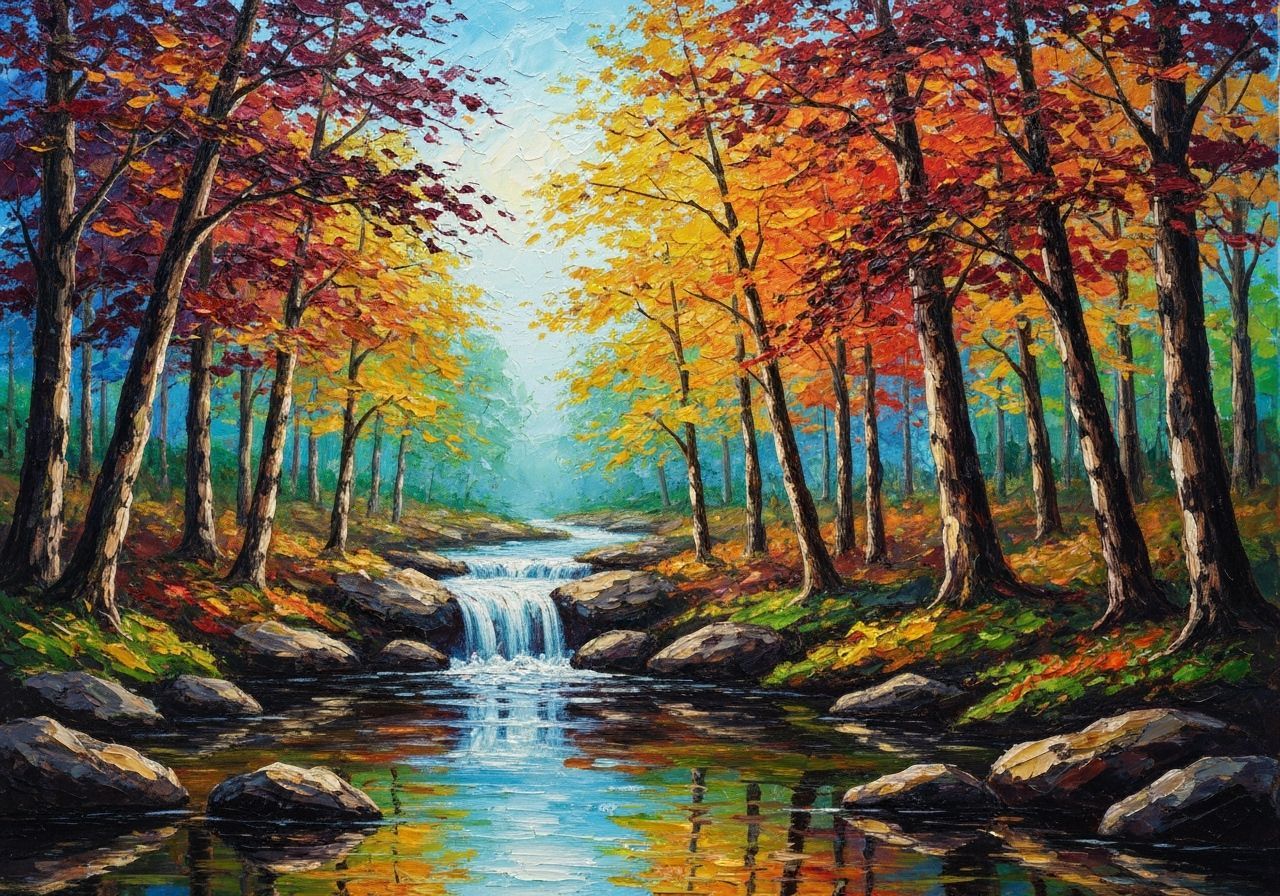 Vibrant Impressionist Autumn Forest with Waterfall