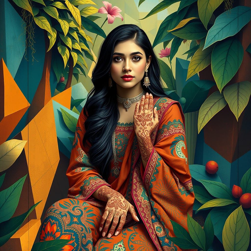Surreal Pakistani Girl Amidst Ornate, Geometric Garden
