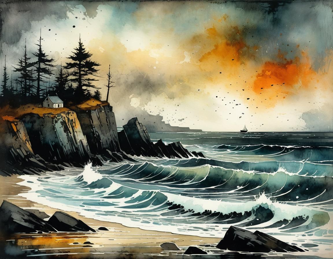 Stormy Sea: Wet Ink Illustration in Watercolor Style