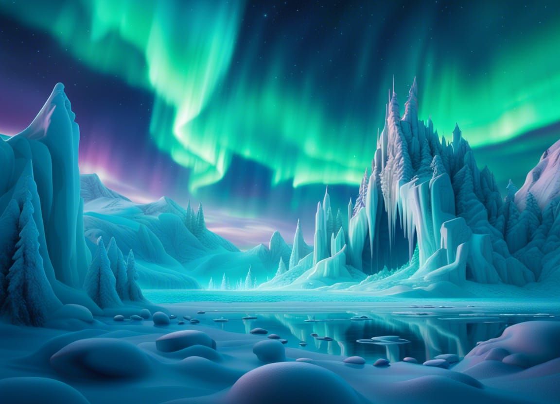 Iced Christmas Landscape with Aurora Borealis