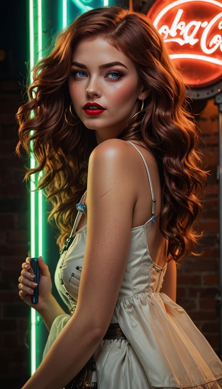 Neon Cola Logo with Steampunk Lights and Woman