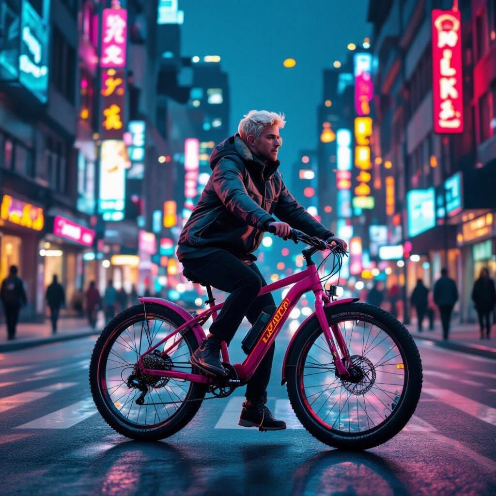 Retro-Futuristic Cyclist on Pink Fatbike in Neon City
