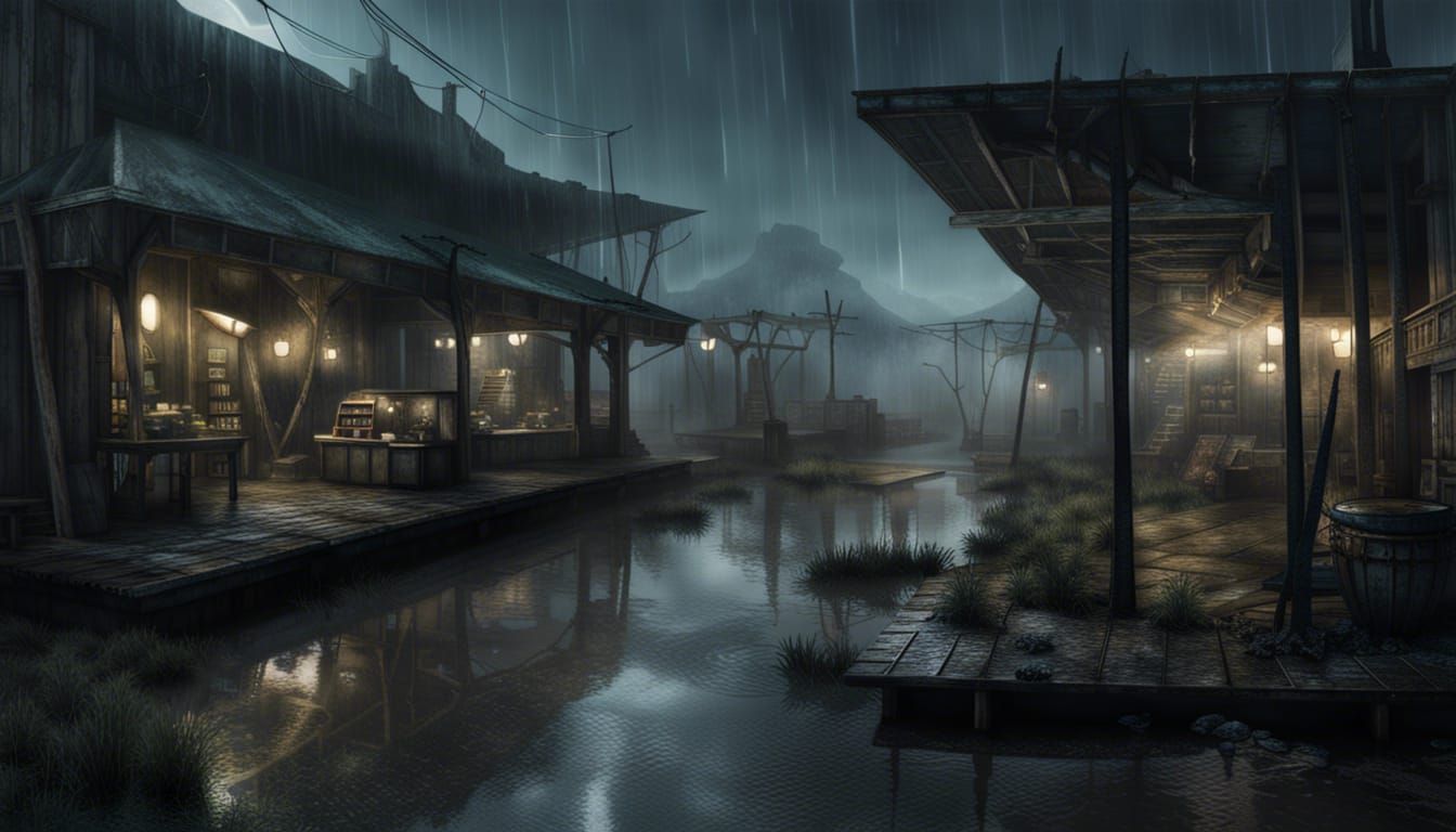 Grungy Wetlands Marketplace in Space Fantasy Style