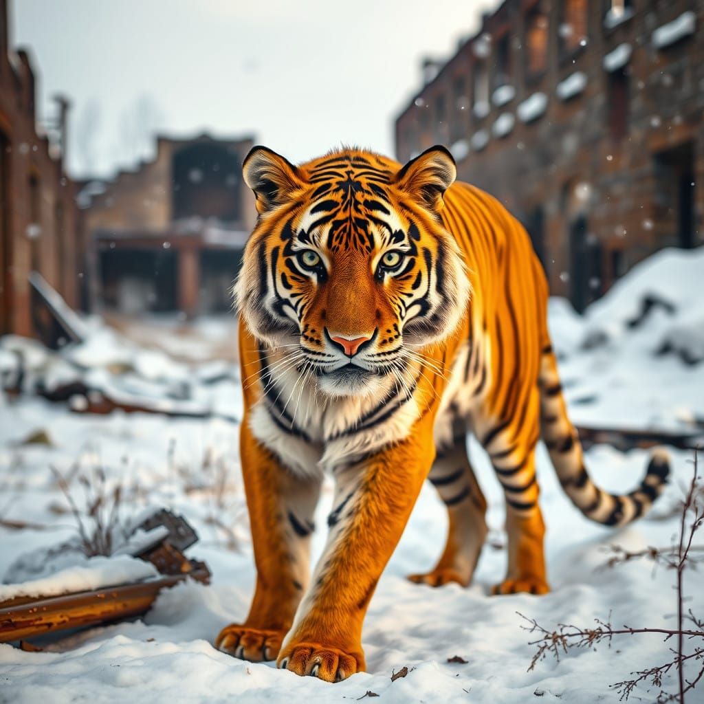 Majestic Siberian Tiger Reigns Amidst Snowy Ruins in Vibrant...
