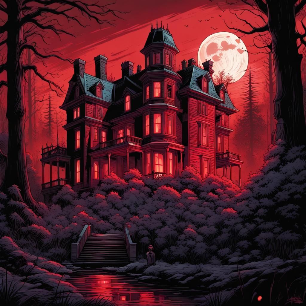 Eerie Haunted Mansion in Forest, Comic Book Art