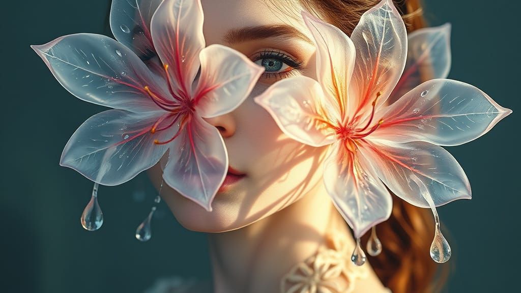 Ethereal Woman and Alien Flowers in Double Exposure