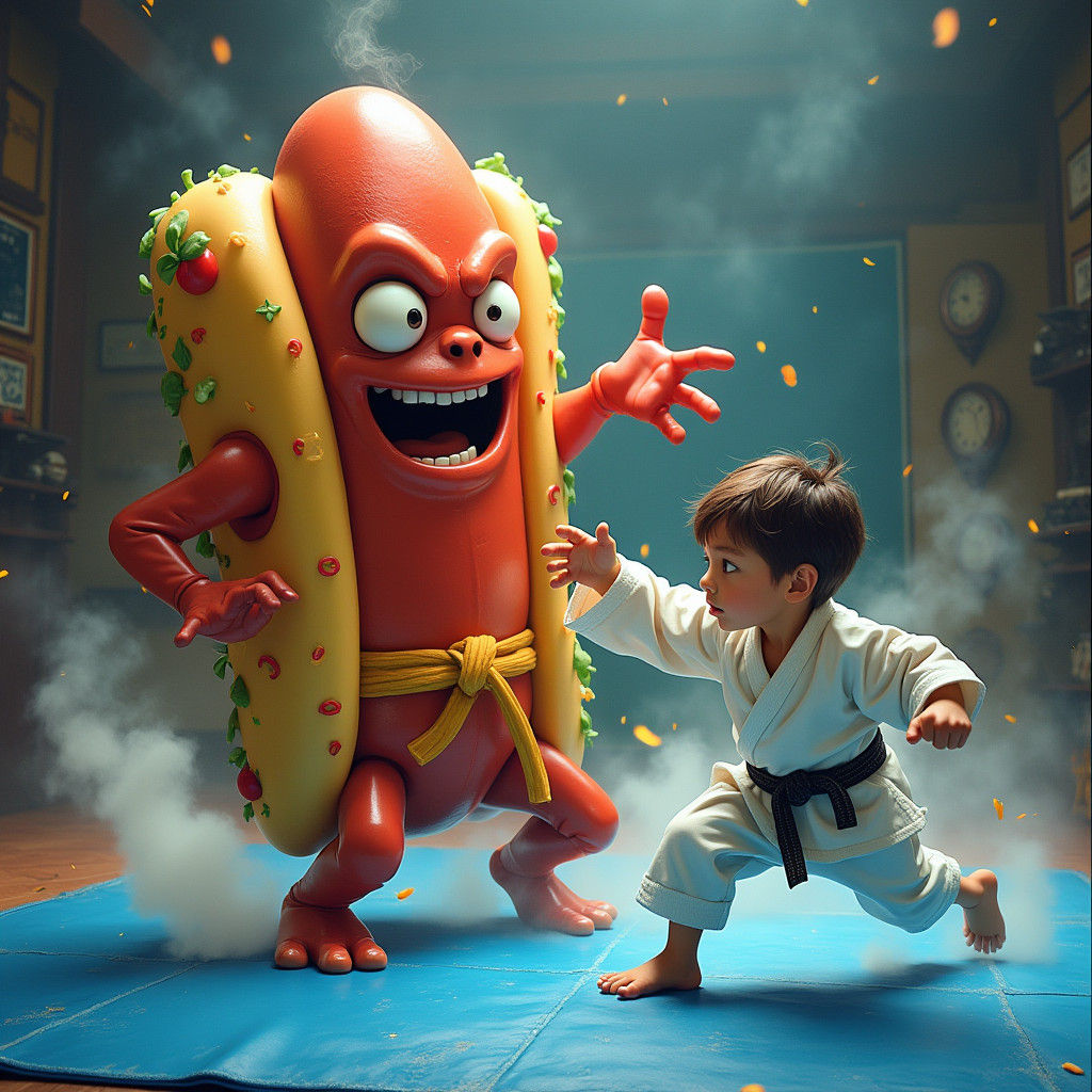 Boy's Absurd Karate Fight with Giant Hot Dog