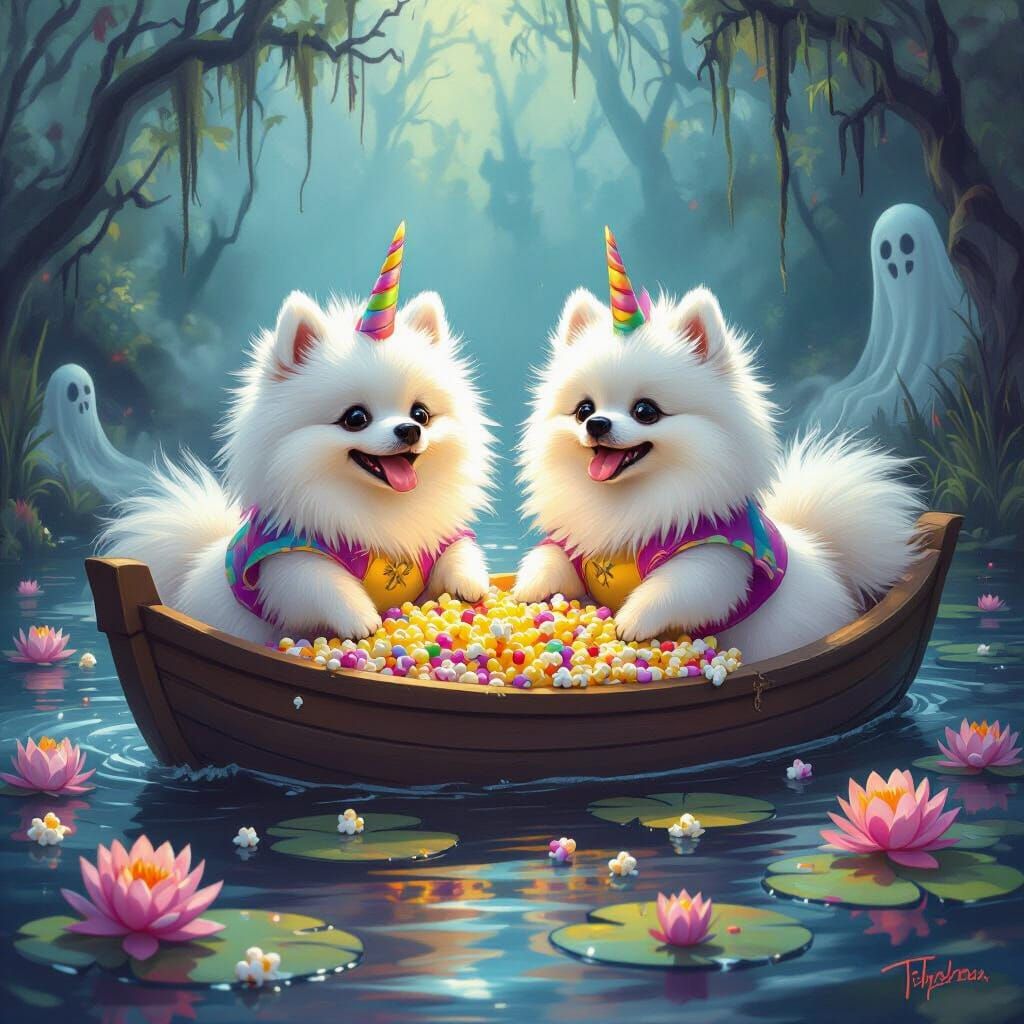 Pomeranians in Unicorn Costumes on Haunted Boat Ride