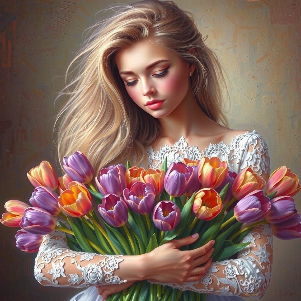 Bella Ragazza in Abito Bianco con Tulipani in Stile Olio Rea...