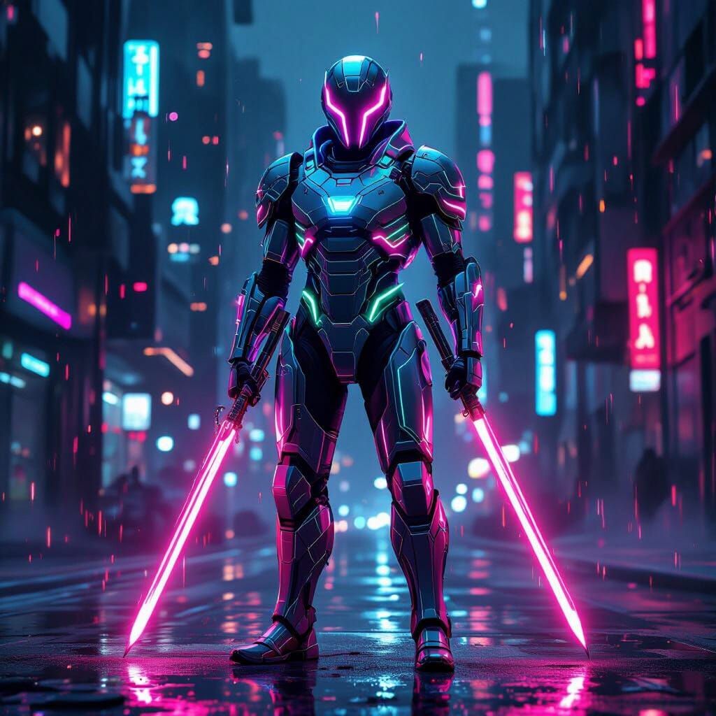 Neon Armored Warrior in Cyberpunk Style