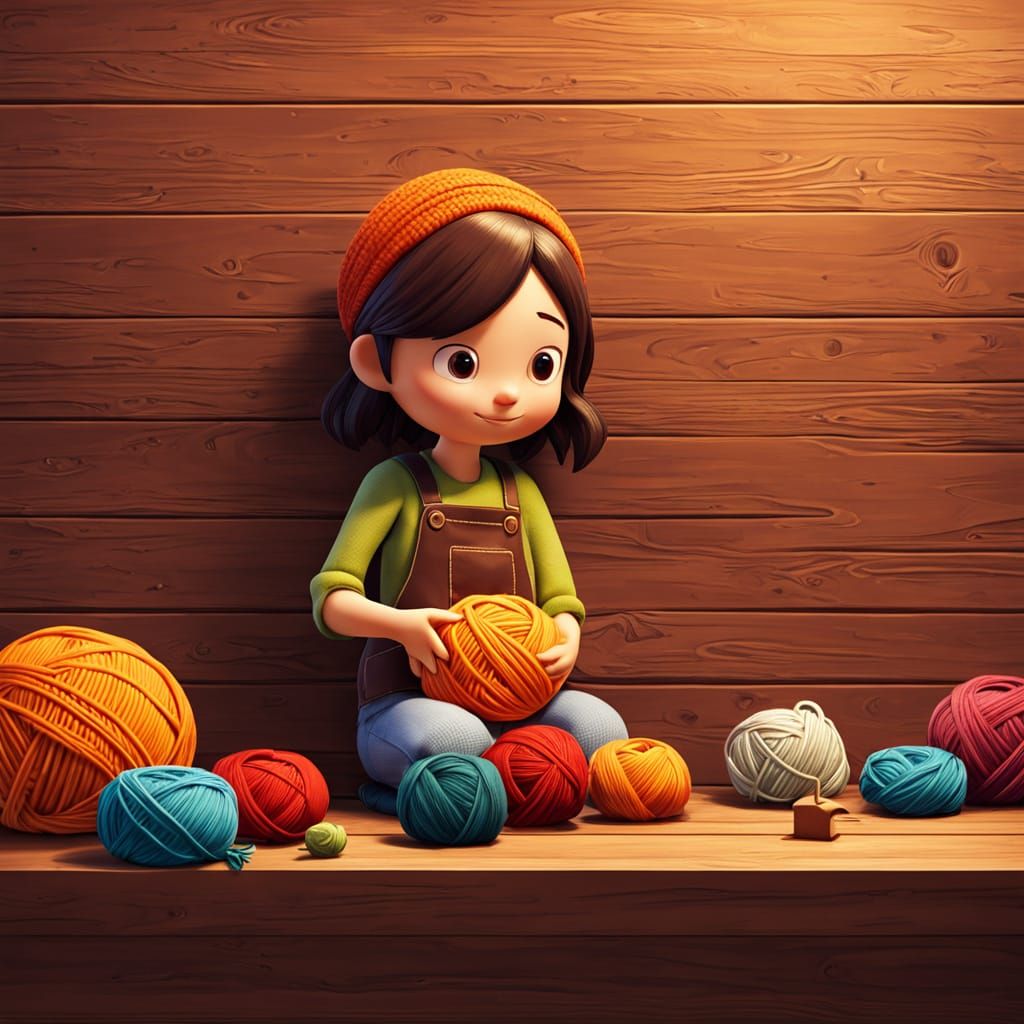 Woman Crocheting a Doll in 3D Cartoon Style